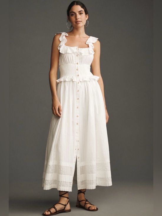Pilcro Dresses & Skirts - Anthropologie (Pilcro) White Ruffle-Trim Button-Front Maxi Dress Bohemian